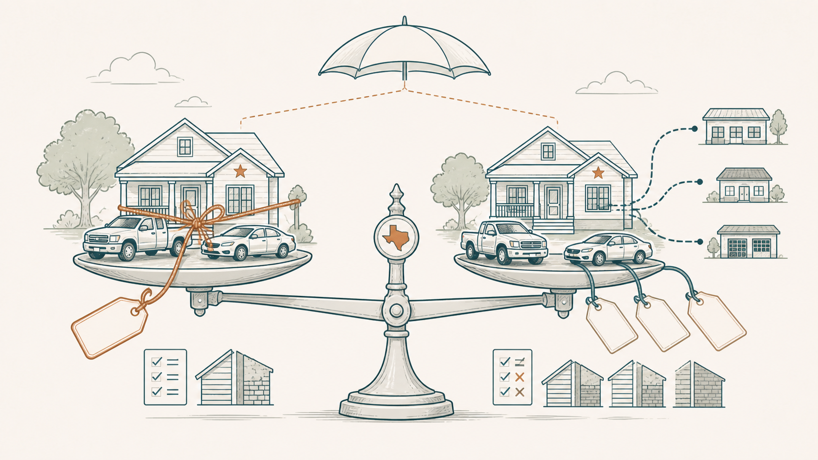 A balance scale comparing bundled and separate home and auto insurance arrangements in Texas
