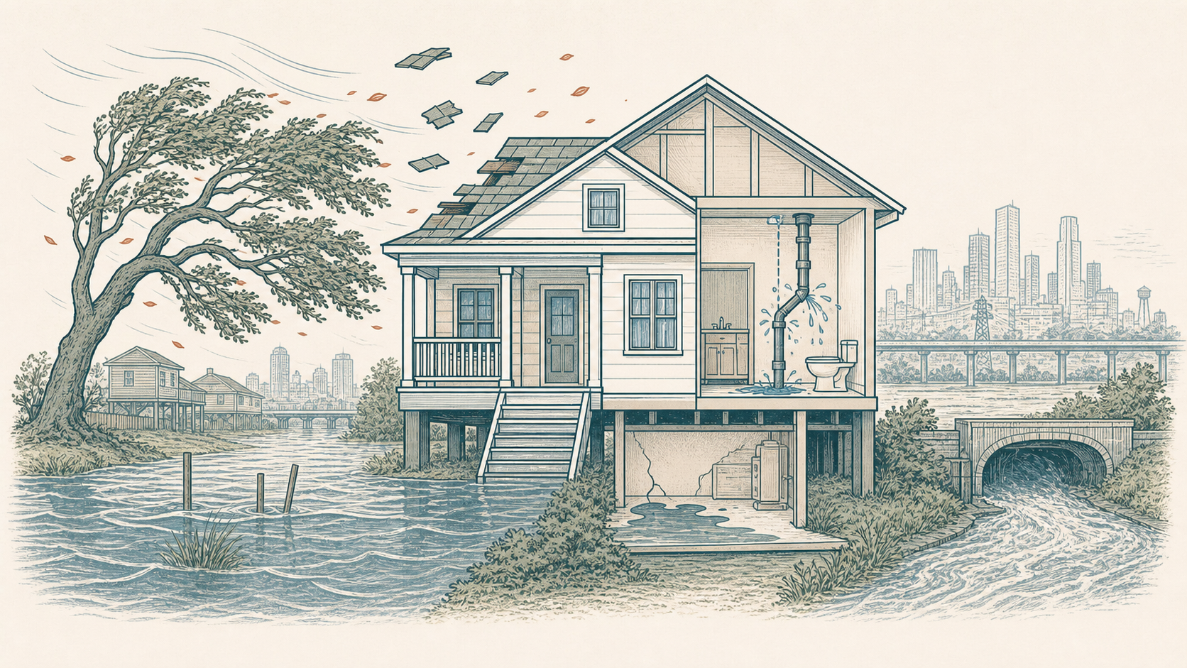 A cutaway Houston home separating rising floodwater, wind and roof damage, and an indoor plumbing leak