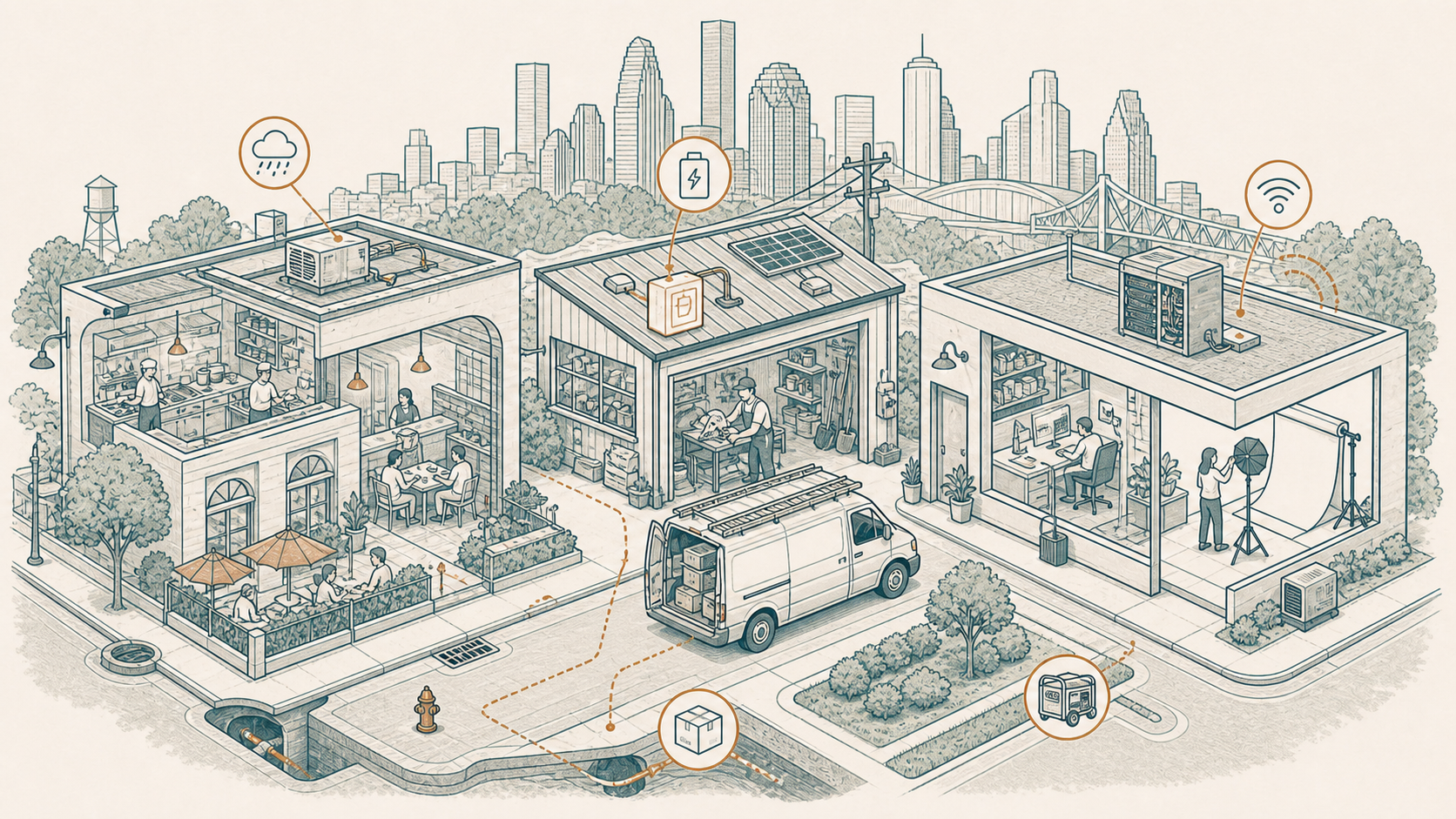 An illustrated Houston business district showing a restaurant, workshop, studio, delivery van, utilities, and storm risks