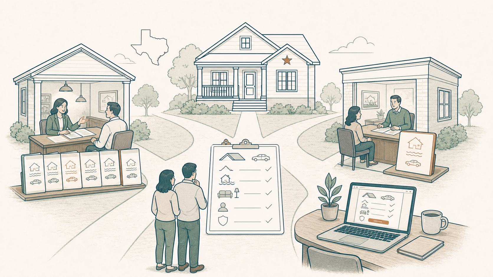 A Texas household comparing an independent agency, a single-carrier office, and a direct online insurer