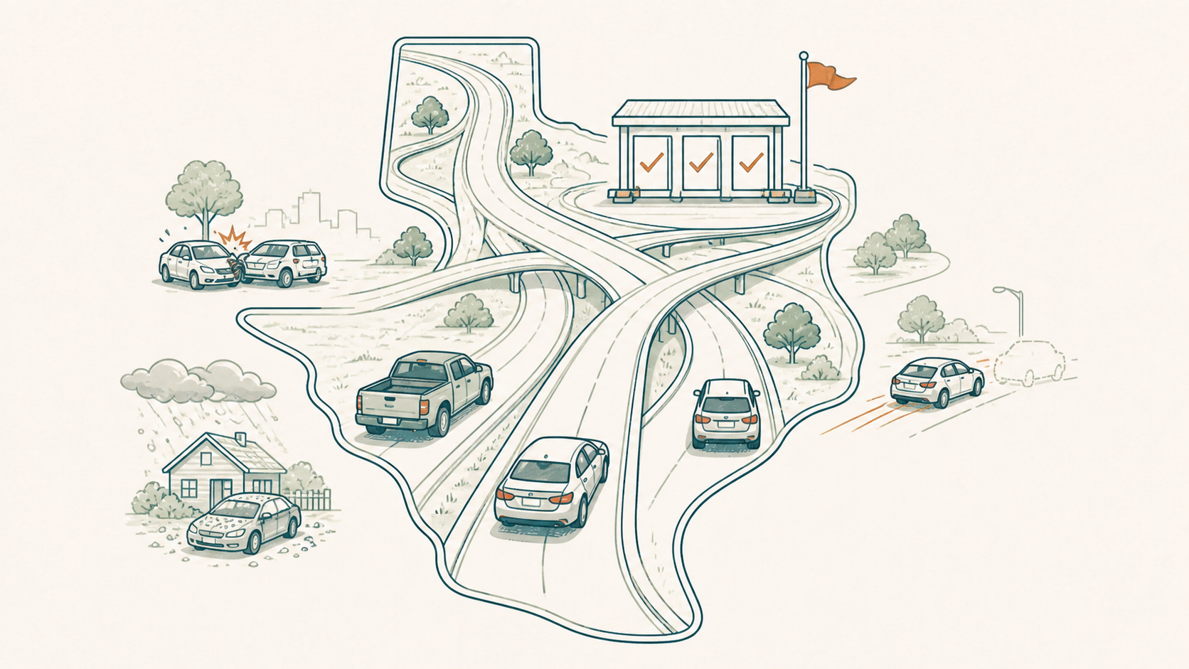 A Texas-shaped highway interchange showing several vehicles and distinct collision, hail, and uninsured-driver risks
